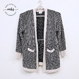NWOT Korye Popcorn Knit Striped Scandi Open Cardigan Black White Women 1XL